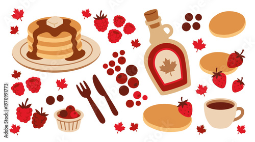 A flat lay illustration featuring a stack of pancakes with butter and syrup, a bottle of maple syrup, fresh berries, and Canadian maple leaves on a white background.