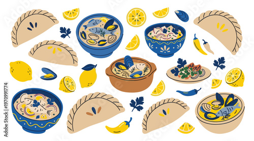 A whimsical, flat design illustration featuring a variety of Latin American dishes like empanadas, ceviche, and seafood stews, with lemons and peppers for a vibrant, playful feel.