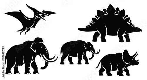 Prehistoric Animals Silhouettes Collection: Dinosaurs and Mammoths Vector Illustration