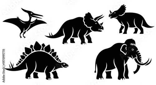 Prehistoric Animals Silhouettes Collection: Dinosaurs and Woolly Mammoth Vector Icons