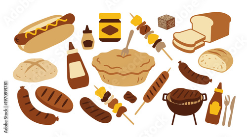 A flat design collection of barbecue food items including hot dogs, sausages, pie, bread, and skewers, isolated on a white background.