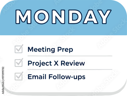 Graphic representation of a structured Monday workday schedule, highlighting completed business tasks and fostering an organized, productive approach to daily responsibilities