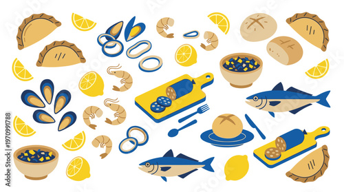 A vibrant flat design illustration showcases a variety of fresh seafood and food items like fish, shrimp, mussels, lemons, and pastries, perfect for culinary themes.