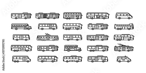 icon liner collection of various bus types including double-decker, city transit, school buses, articulated vehicles, and passenger vans for transport logistics.