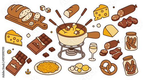 This charming isometric illustration depicts a cheese fondue set surrounded by a variety of delicious accompaniments including bread, sausage, and chocolate.