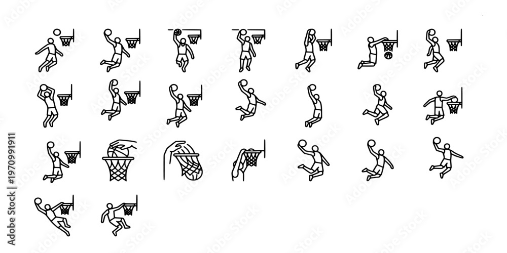 Ταπετσαρία icon liner collection of basketball players performing various dunks, layups, shots, and dribbles featuring hoops, nets, and dynamic professional sports movements