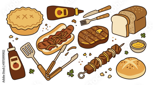 A fun, flat illustration featuring a collection of classic BBQ food items like a steak, hot dog, kebab, pie, bread, and condiments arranged on a white background.