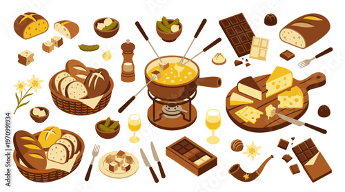 A festive collection of Swiss fondue ingredients and chocolate treats are displayed on a white background, ready for a delicious meal.