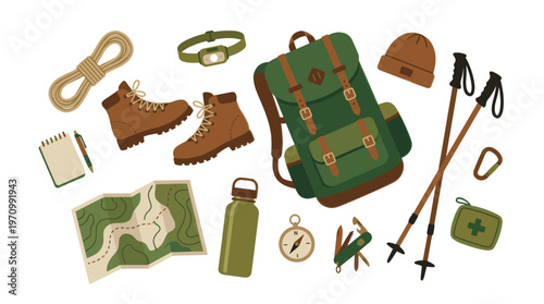 A flat lay illustration of essential hiking gear including a backpack, boots, map, compass, water bottle, and first aid kit, set against a white background.