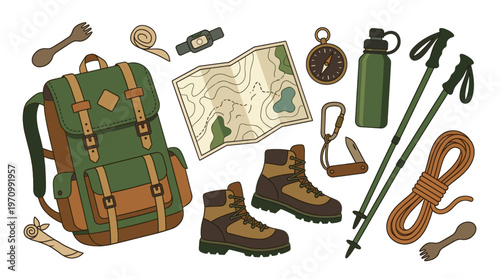An assortment of camping and hiking equipment is displayed against a white background, including a backpack, map, boots, compass, and water bottle.