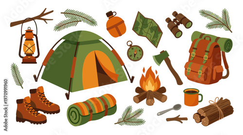 A collection of flat-design camping essentials including a tent, backpack, campfire, and boots, perfect for illustrating outdoor adventures and wilderness themes.