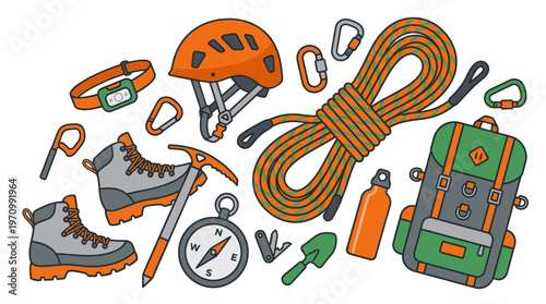 A flat illustration displays a collection of essential climbing and hiking gear, including boots, helmet, rope, backpack, carabiners, ice axe, compass, and water bottle.