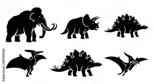 Prehistoric Animals Silhouettes Set: Dinosaurs, Mammoth, and Pterodactyl Vector Icons