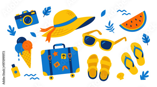 A collection of colorful, flat-designed summer vacation essentials including a camera, hat, sunglasses, ice cream, suitcase, and swimwear, ideal for travel and leisure themes.