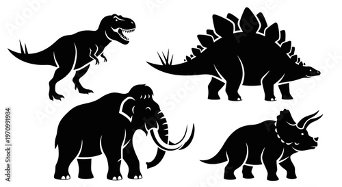 Prehistoric Animals Silhouettes Set: Dinosaurs and Woolly Mammoth Vector Art