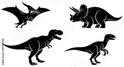 Prehistoric Dinosaur Silhouettes Set: T-Rex, Triceratops, Pterodactyl, Velociraptor