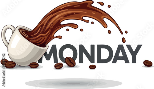 Dynamic illustration featuring a coffee cup spilling a powerful liquid splash, symbolizing the essential caffeine boost to conquer the challenges of a busy Monday morning