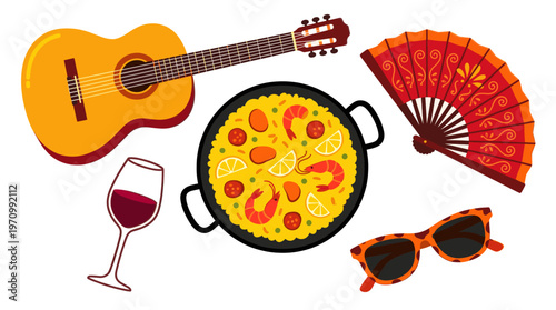 A vibrant flat illustration of Spanish culture, featuring a paella dish, acoustic guitar, fan, wine glass, and sunglasses on a white background.