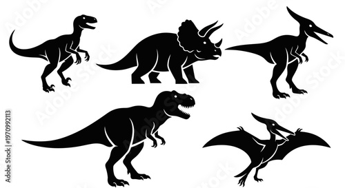 Prehistoric Dinosaur Silhouettes Set: T-Rex, Triceratops, Raptor, and Pterodactyls