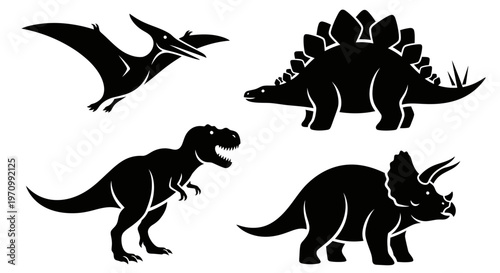 Prehistoric Dinosaur Silhouettes: T-Rex, Stegosaurus, Triceratops, Pterodactyl Vector Set