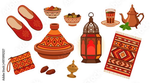 A flat illustration featuring traditional Moroccan items including a tagine, slippers, tea set, lantern, carpet, and spices, perfect for travel or cultural themes.