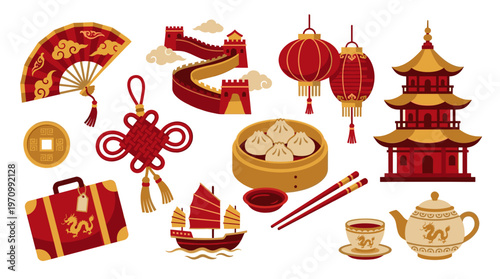 A collection of flat, colorful vector graphics depicting iconic symbols of Chinese culture, including a pagoda, Great Wall, lanterns, fan, and food.