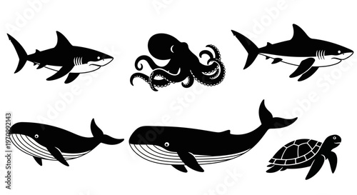 Sea Animals Silhouettes Collection: Shark, Whale, Octopus, and Turtle Marine Life Icons