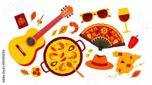 A vibrant flat design illustration showcasing iconic Spanish elements including paella, a guitar, a fan, a sombrero, sunglasses, and wine, representing travel and culture.