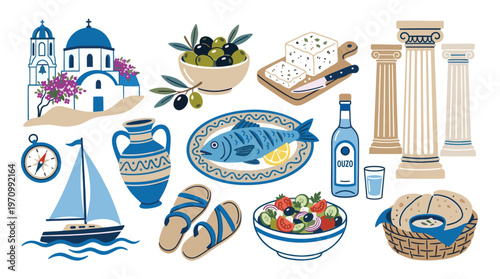 A vibrant collection of flat design illustrations featuring iconic Greek island elements, including architecture, food, and nautical symbols, evoking a sense of summer travel.
