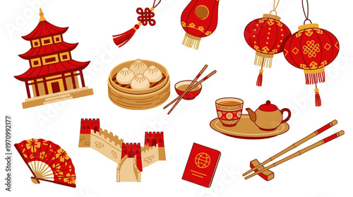 A vibrant collection of illustrated Chinese cultural icons including a pagoda, Great Wall section, dumplings, tea set, lanterns, fan, and passport.