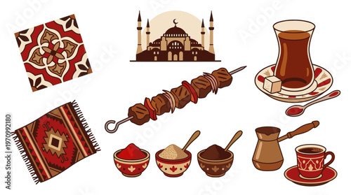 A vibrant collection of illustrated Turkish elements including a mosque, shish kebab, tea, coffee, spices, and traditional carpets, perfect for cultural and travel themes.