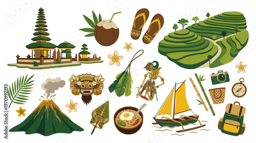 A vibrant collection of illustrated elements depicting the culture and nature of Bali, including a temple, rice terraces, volcano, and traditional objects.