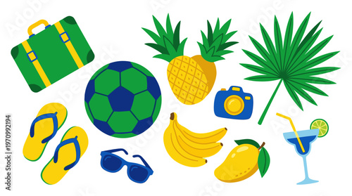 Bright, flat vector illustration of summer vacation icons including a suitcase, flip flops, sunglasses, soccer ball, pineapple, bananas, mango, camera, palm frond, and a cocktail.