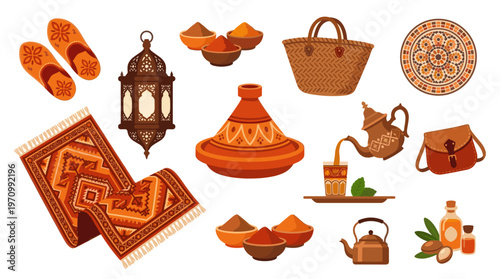A flat design illustration showcasing traditional Moroccan items like a tajine, lantern, carpet, slippers, spices, tea set, and argan oil, set against a white background.