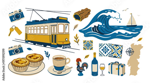 Vibrant flat illustration of Portuguese travel icons including a tram, pastel de nata, coffee, and a rooster, evoking a sense of vacation and culture.