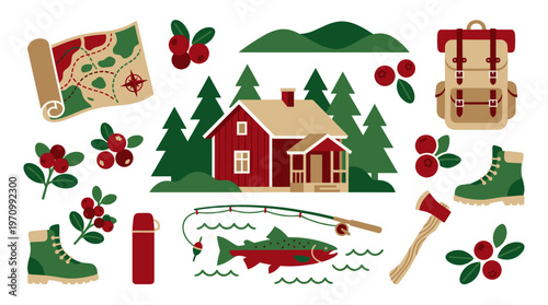 A charming flat illustration depicts a collection of outdoor adventure elements including a cozy cabin, trees, map, fishing gear, backpack, boots, and berries against a white background.