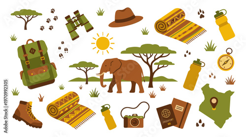 Flat illustration of safari travel essentials including a backpack, boots, binoculars, hat, blankets, water bottles, camera, passport, and a map of Kenya.