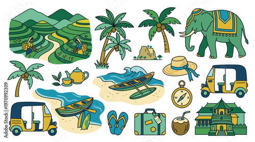 Vibrant collection of cartoon-style Asian travel icons including rice terraces, elephants, tuk-tuks, and beach scenes for vacation and cultural themes.