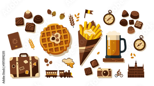 A collection of flat design illustrations representing Belgian culture, including chocolates, waffles, fries, beer, and landmarks, perfect for travel and food themes.