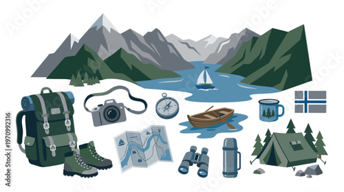 Flat design illustration featuring camping and hiking essentials set against a backdrop of majestic mountains, a lake, and a sailboat, evoking a sense of exploration.