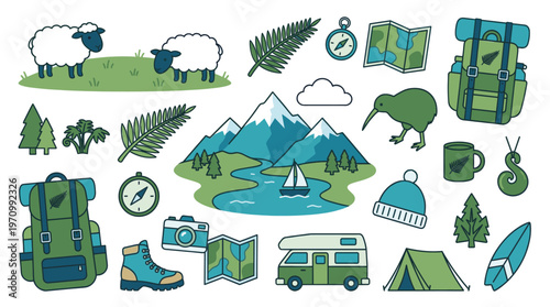A charming collection of illustrated elements depicting outdoor adventure and New Zealand themes, including sheep, kiwis, mountains, and camping gear.