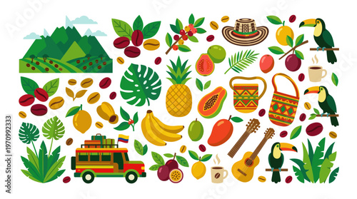 A vibrant illustration showcasing Colombian culture with coffee beans, tropical fruits, toucans, guitars, a traditional hat, and a colorful bus in a flat design style.
