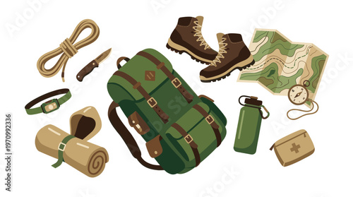 A flat lay of camping equipment including a backpack, boots, map, compass, rope, knife, water bottle, first aid kit, and rolled sleeping bag on a white background.