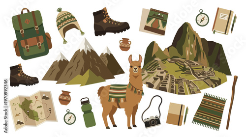 A whimsical collection of illustrations depicts essential travel gear and iconic Andean landscapes, perfect for representing adventure, exploration, and South American journeys.