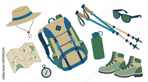 A flat lay illustration of essential hiking gear including a backpack, boots, map, compass, water bottle, poles, hat, and sunglasses in a flat, colorful style.