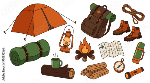 A collection of hand-drawn camping essentials like a tent, backpack, sleeping bag, campfire, and navigation tools, perfect for outdoor adventure themes.