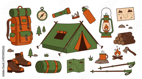 A vibrant, flat-style illustration featuring essential camping equipment including a backpack, tent, sleeping bag, compass, and campfire, perfect for adventure and outdoor themes.