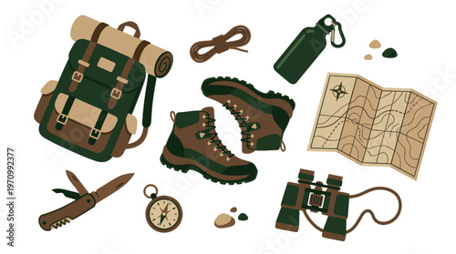 A flat lay illustration of hiking and camping gear including a backpack, boots, map, compass, knife, and water bottle set against a white background.