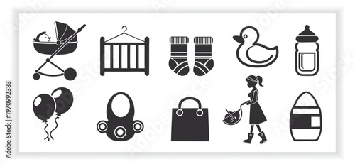 Minimalist black silhouettes of baby toys, rattle, and rubber duck for childhood and early education designs.