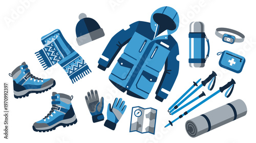 A flat lay illustration showcases essential winter hiking equipment including boots, jacket, scarf, gloves, poles, mat, thermos, map, first aid kit, and headlamp in a cool blue color palette.